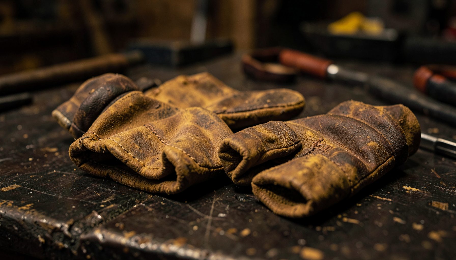 Close-up of worn cowhide leather welding gloves with rolled cuffs on a dark workshop bench, warm amber and deep brown tones
