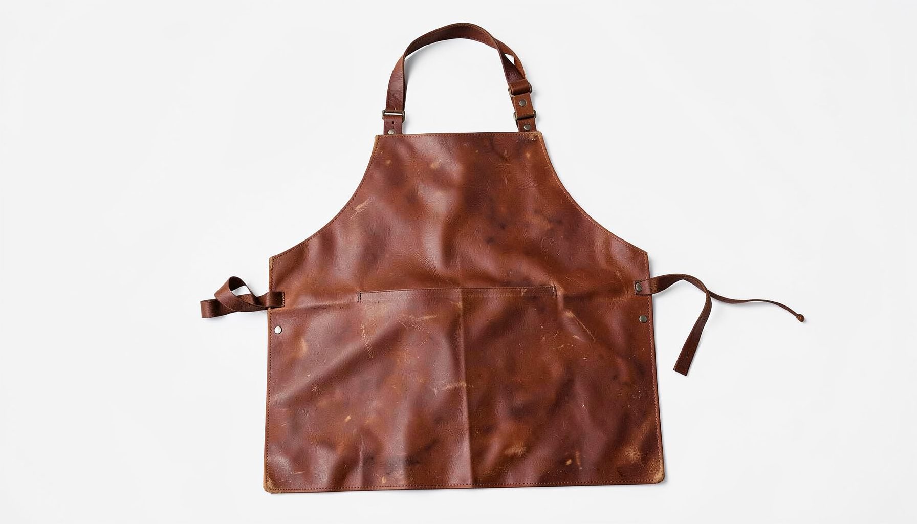 Cowhide leather welding apron in rich brown tones with adjustable straps, rugged look
