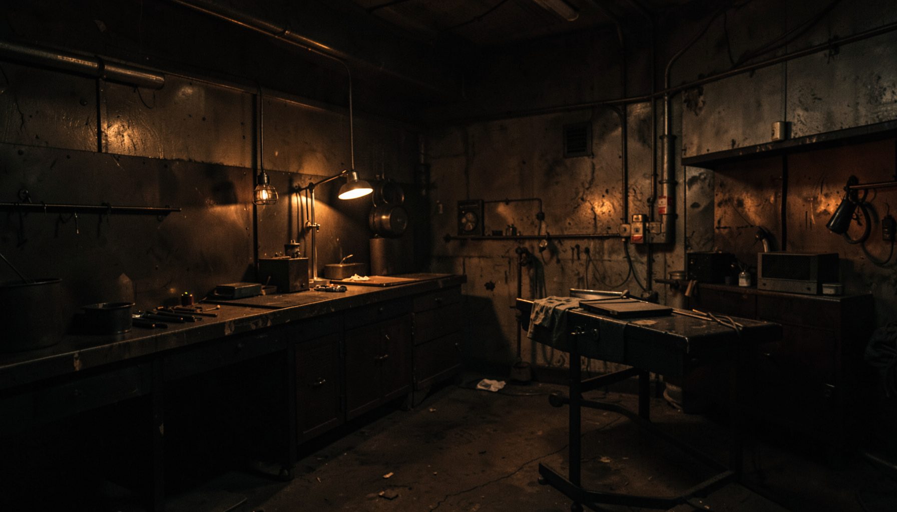 Dark industrial workspace with warm amber lighting and metal surfaces, moody and grounded atmosphere