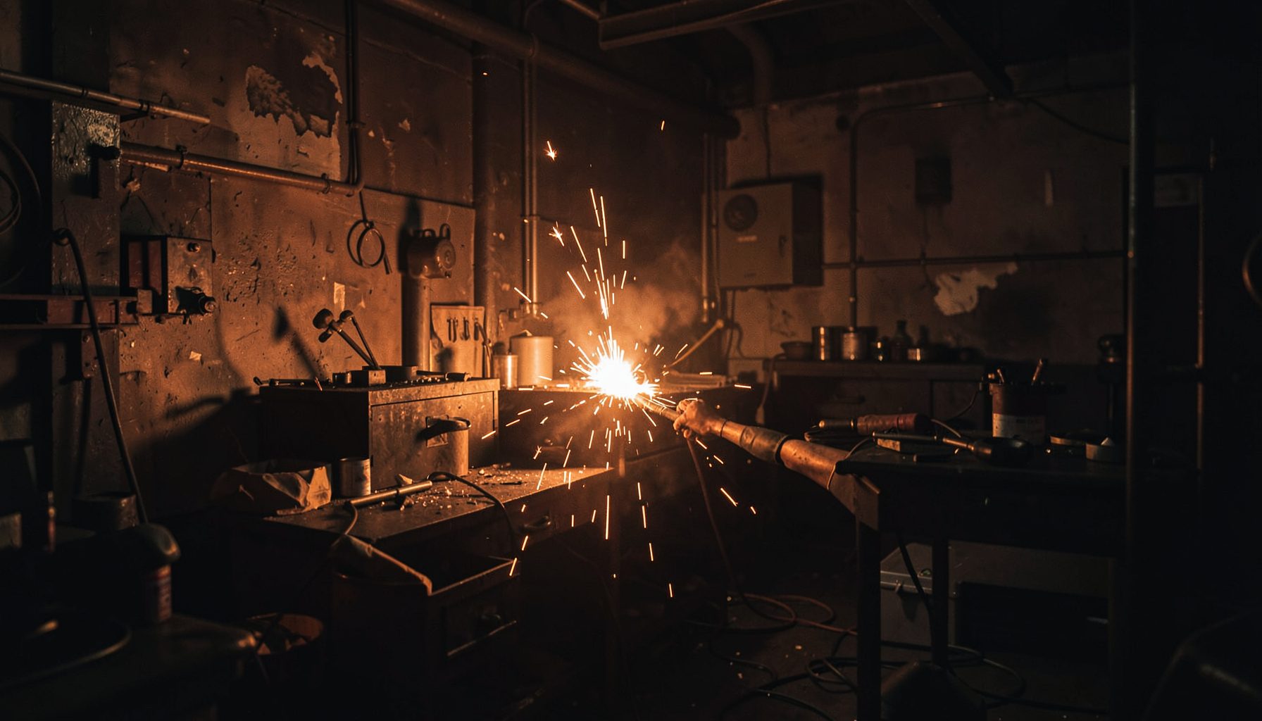 Dark industrial workspace with warm orange glow from welding activity, moody and atmospheric