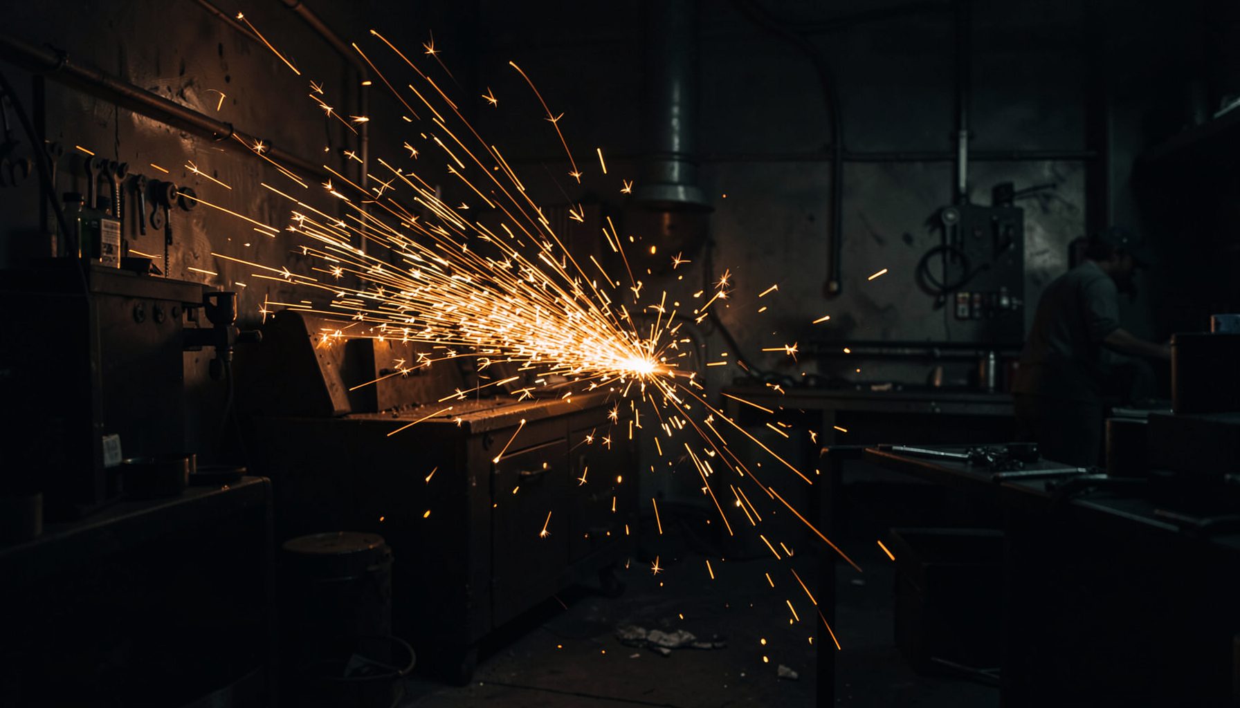Dark workshop with orange welding sparks glowing against a shadowed background, dramatic industrial mood