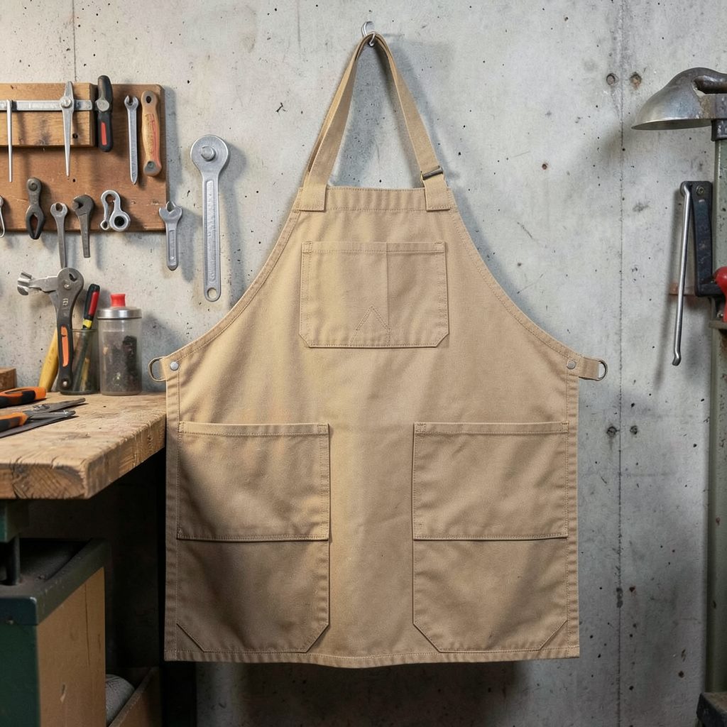 Heavy-duty canvas welding apron in tan with reinforced stitching, hanging against a workshop wall