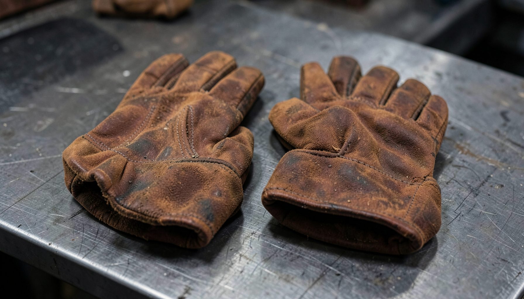 Pair of cowhide leather welding gloves with split cuffs resting on a steel worktable, rich brown and dark gray, industrial mood