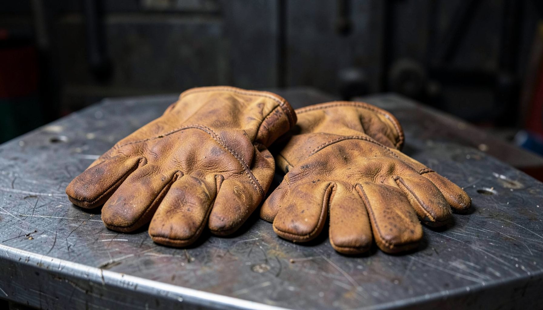 Pair of heavy cowhide leather welding gloves resting on a steel workbench, dark industrial backdrop