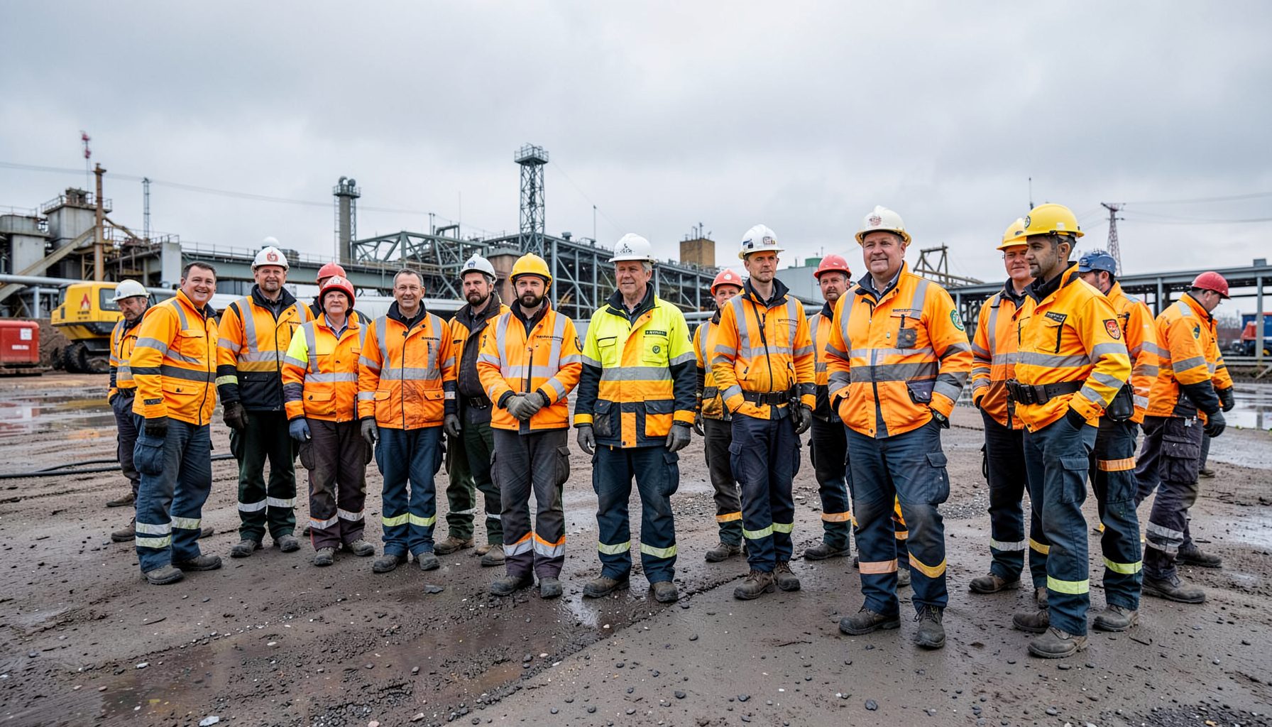 Row of workers in high-visibility flame-resistant jackets at an outdoor industrial site, overcast sky
