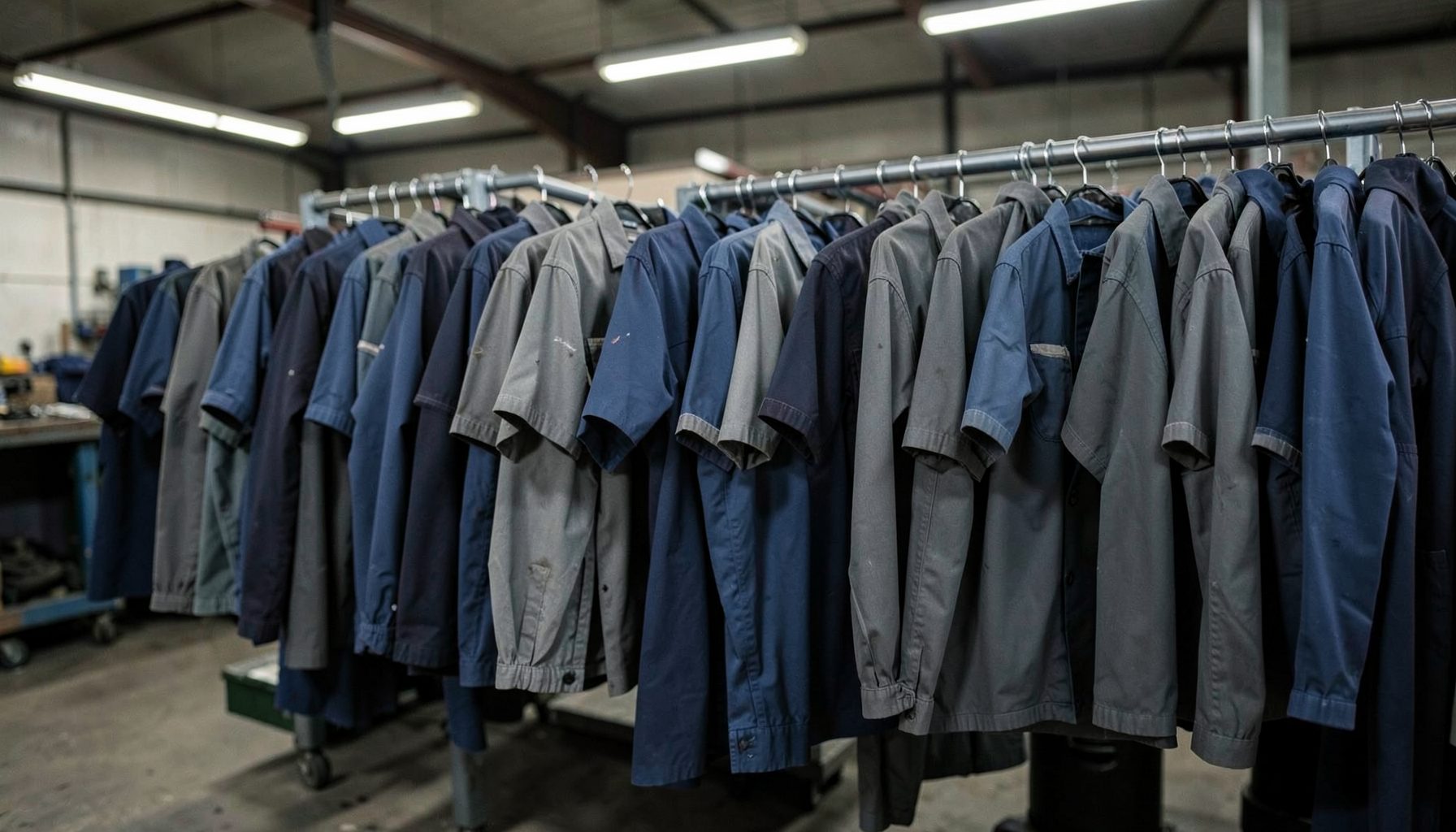 Rows of dark blue and gray flame-resistant work shirts hanging neatly in a workshop