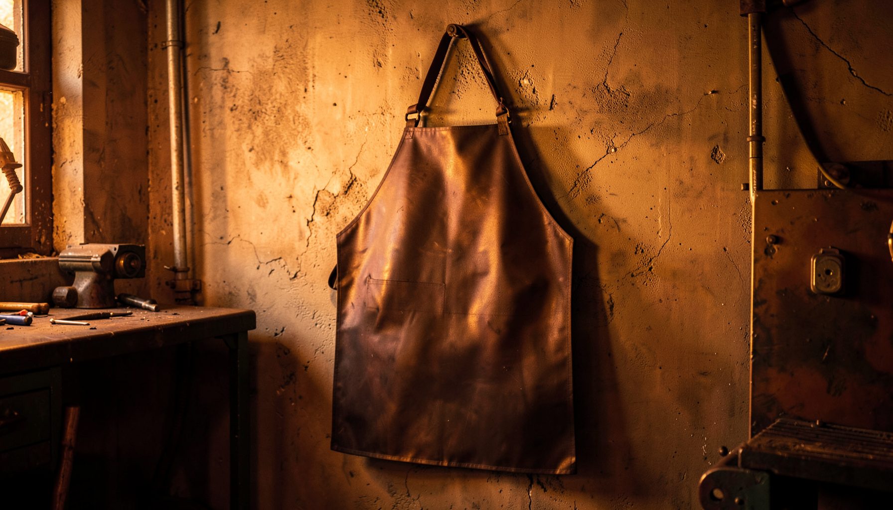 Welding apron hanging on a workshop wall with warm amber and deep brown tones, industrial mood