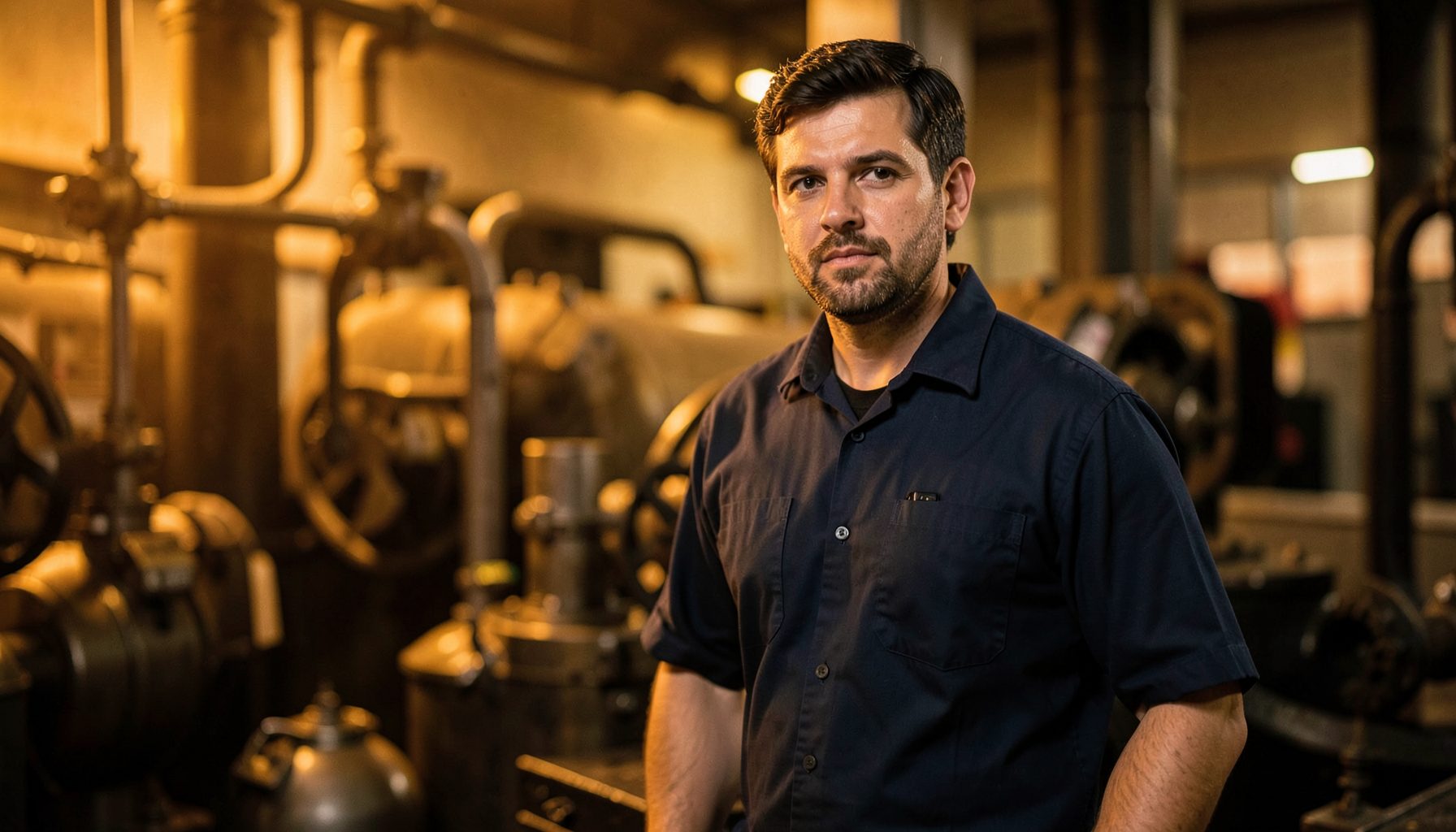 Worker in a dark blue flame-resistant shirt standing near industrial equipment, warm amber lighting